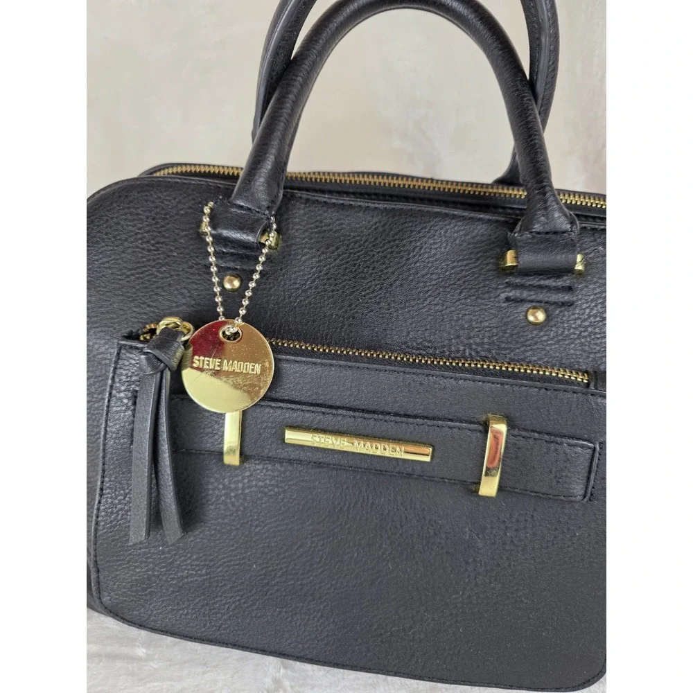 Steve Madden Black Faux Leather Dome Satchel Handbag With Gold‎ Hardware